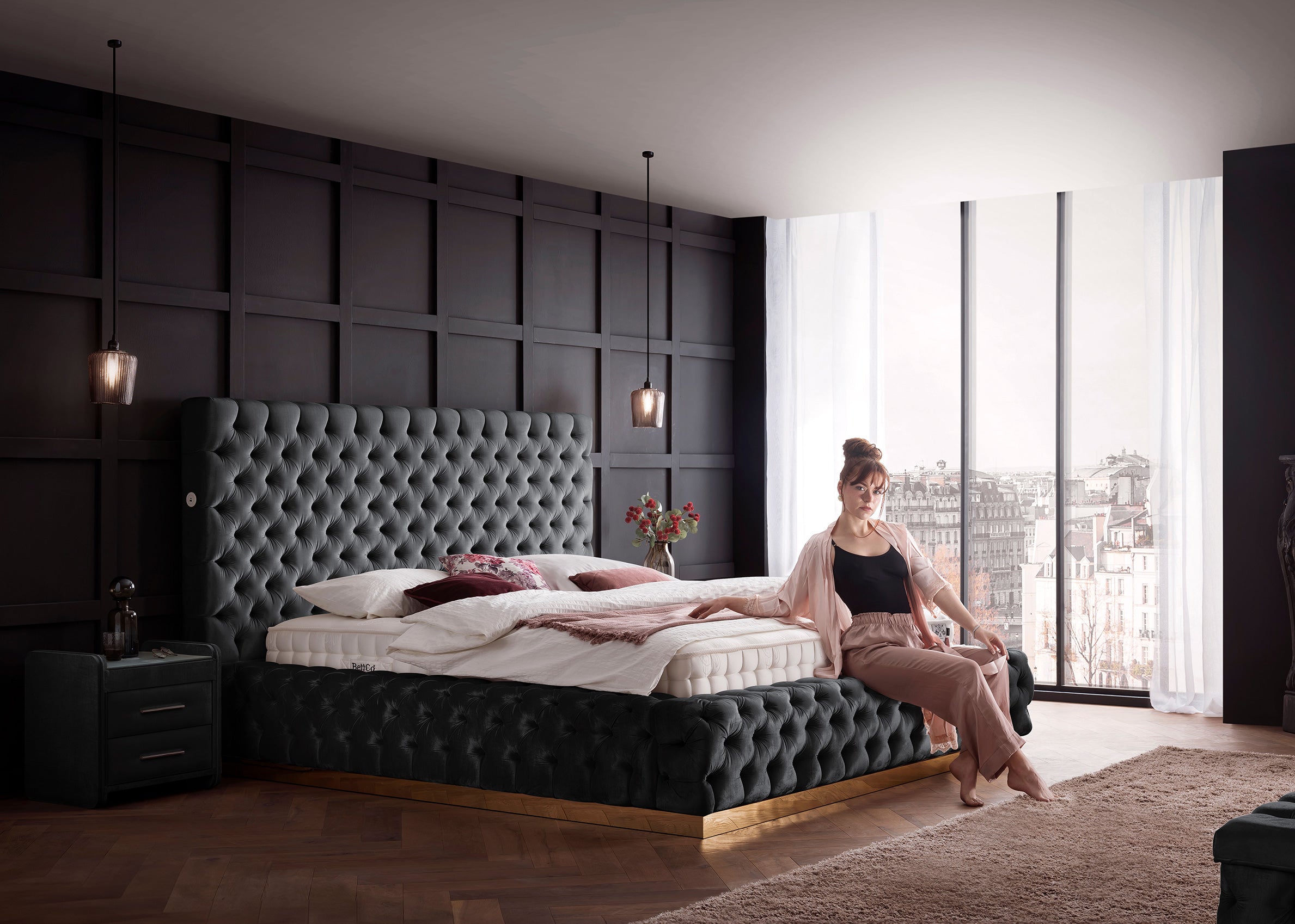 Velours Luxus Bett mit Bettkasten Dunkelgrau PLAZA
