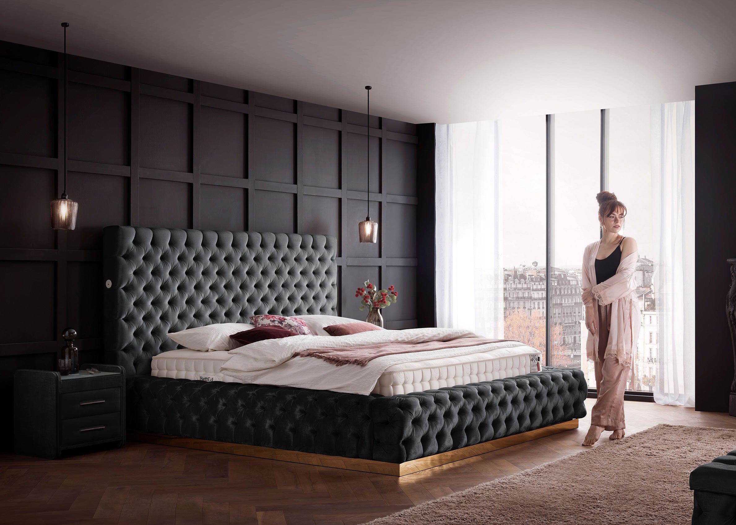 Velours Luxus Bett mit Bettkasten Dunkelgrau PLAZA