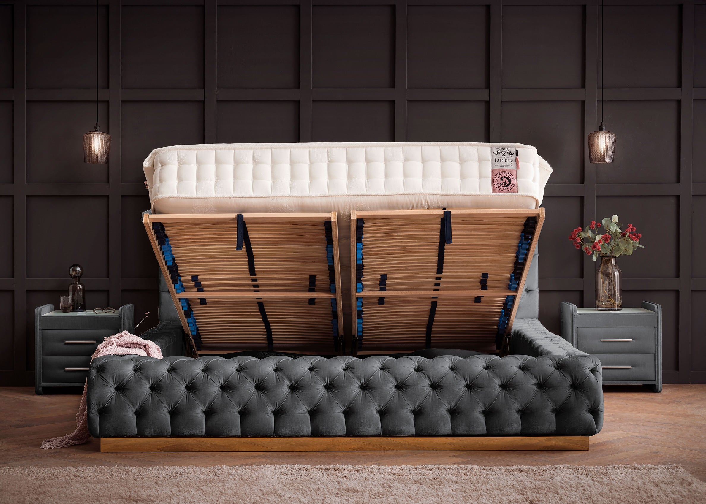 Velours Luxus Bett mit Bettkasten Dunkelgrau PLAZA