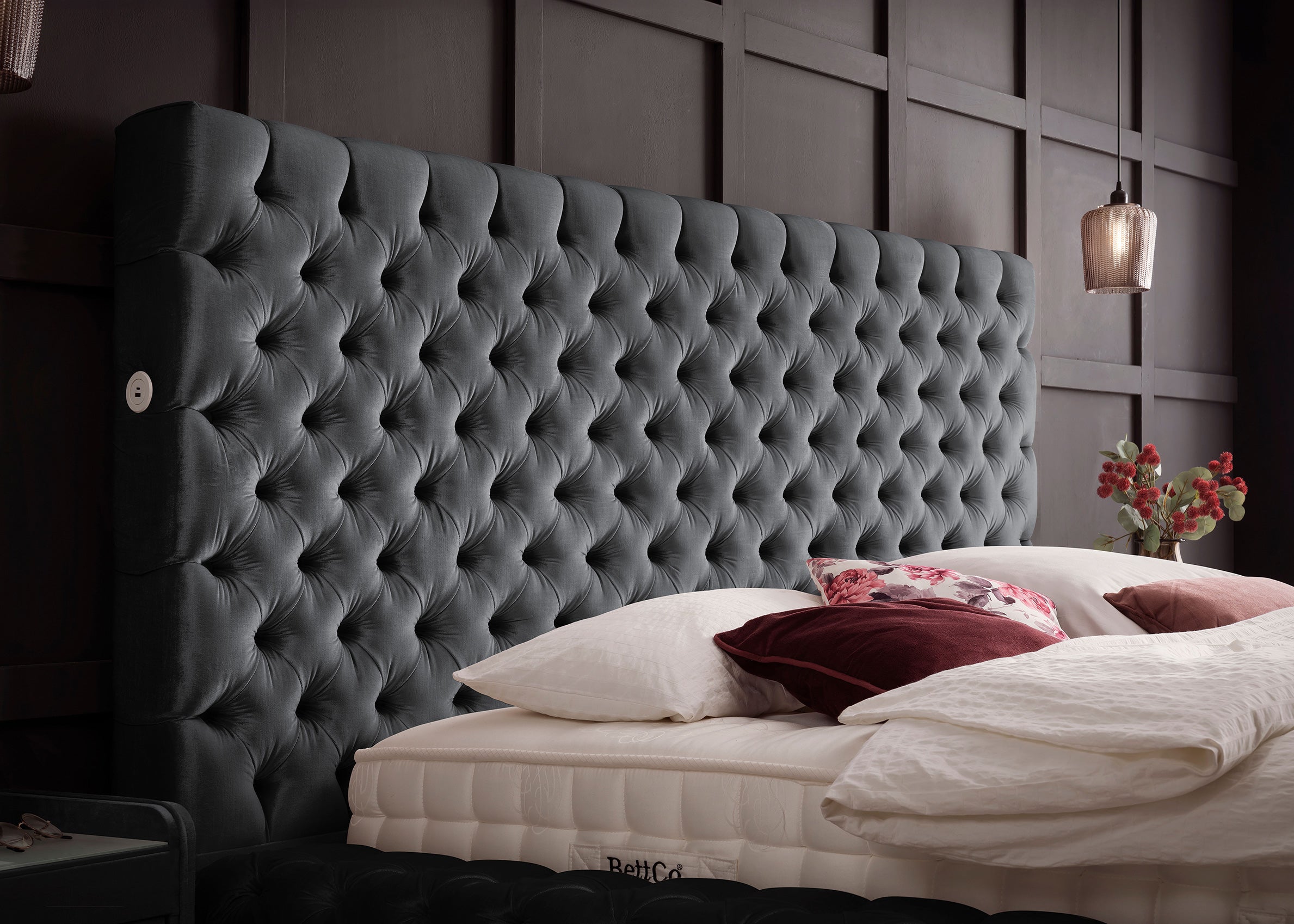 Velours Luxus Bett mit Bettkasten Dunkelgrau PLAZA