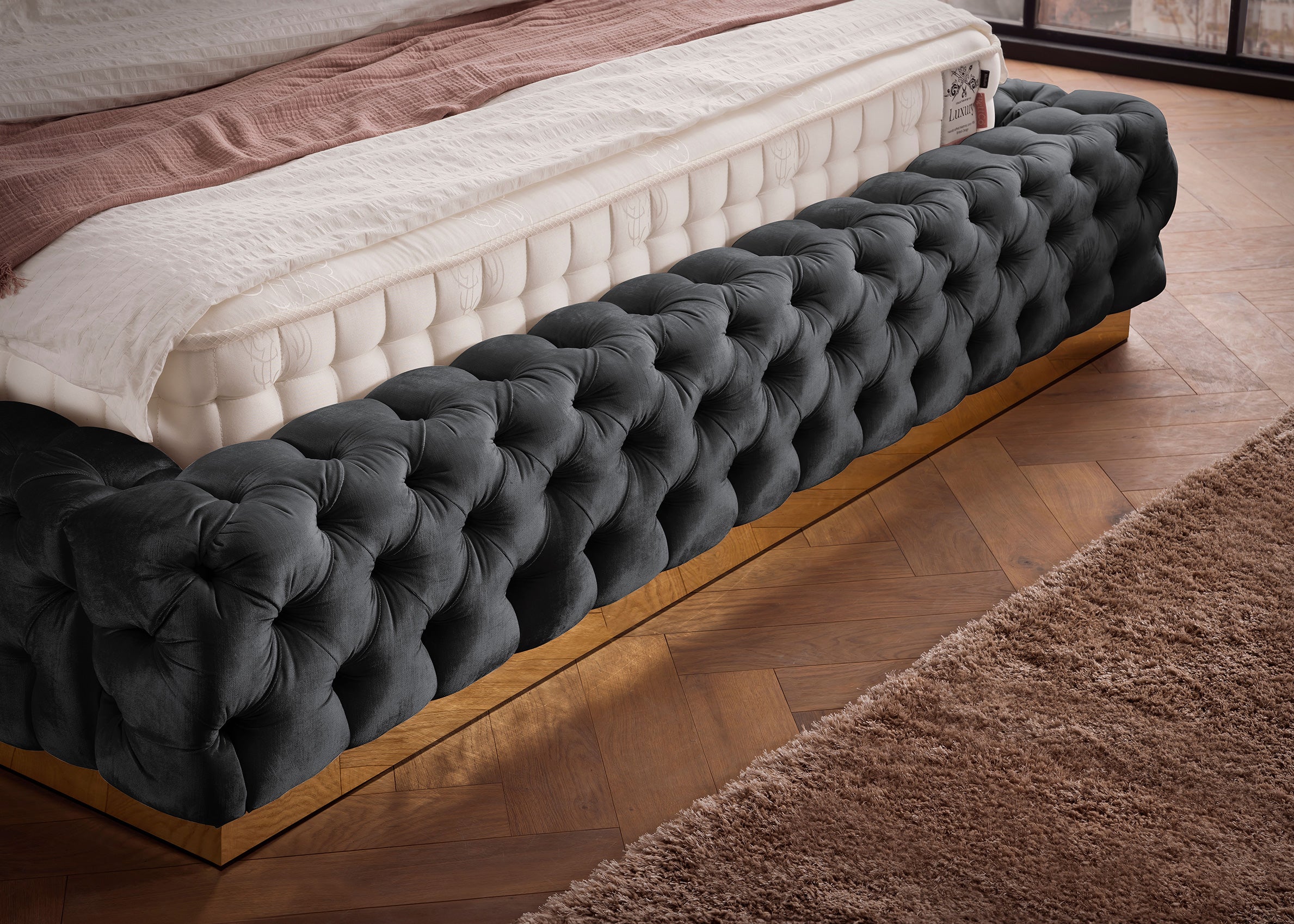 Velours Luxus Bett mit Bettkasten Dunkelgrau PLAZA