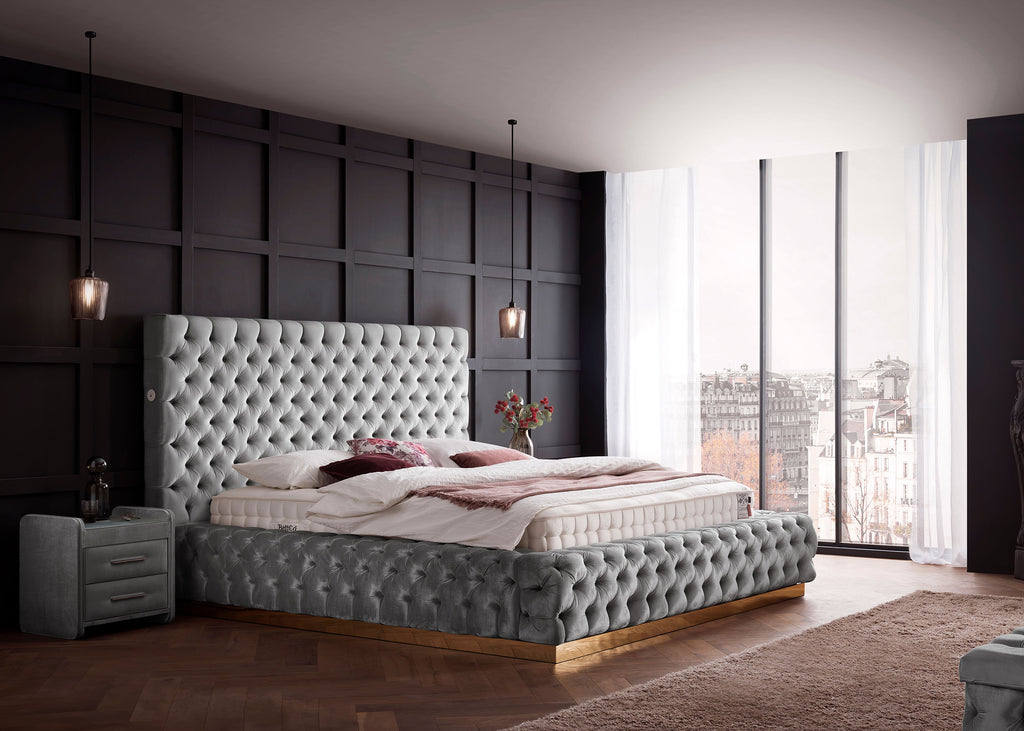 Velours Luxus Bett mit Bettkasten Grau PLAZA