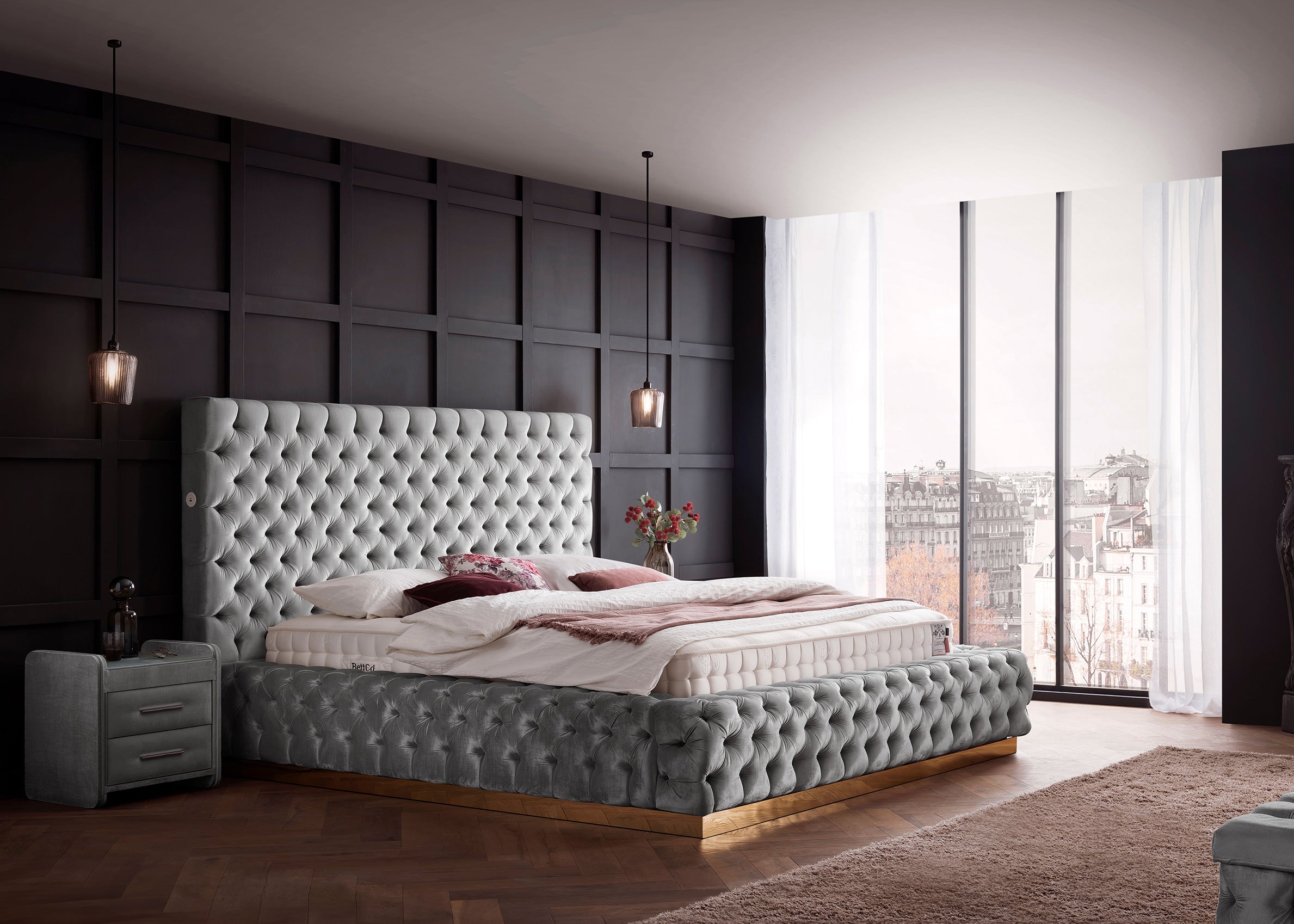 Velours Luxus Bett mit Bettkasten Grau PLAZA