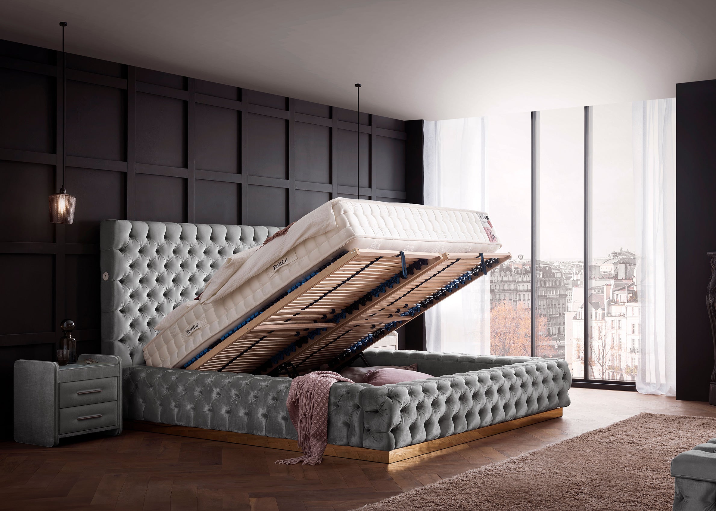 Velours Luxus Bett mit Bettkasten Grau PLAZA