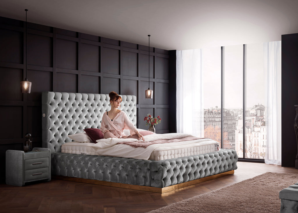 Velours Luxus Bett mit Bettkasten Grau PLAZA