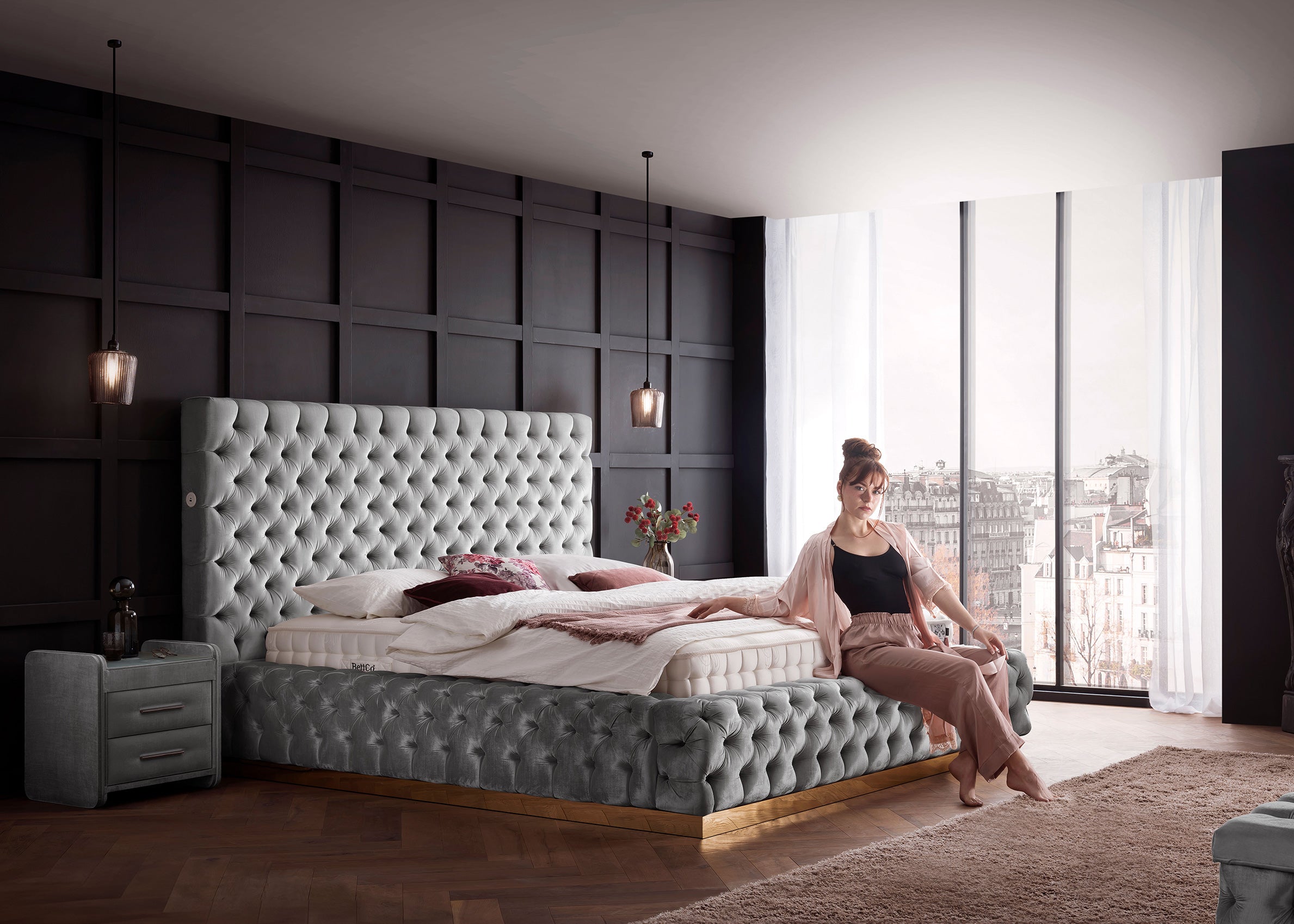 Velours Luxus Bett mit Bettkasten Grau PLAZA