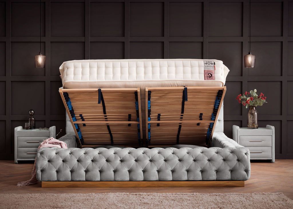 Velours Luxus Bett mit Bettkasten Grau PLAZA