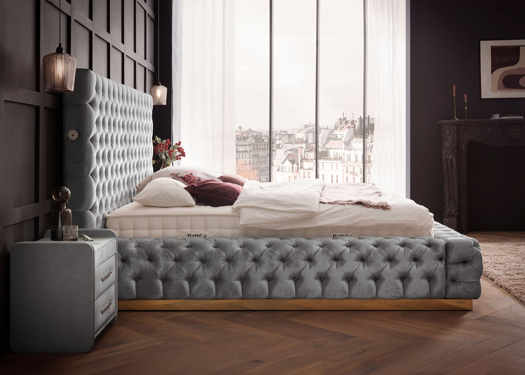 Velours Luxus Bett mit Bettkasten Grau PLAZA