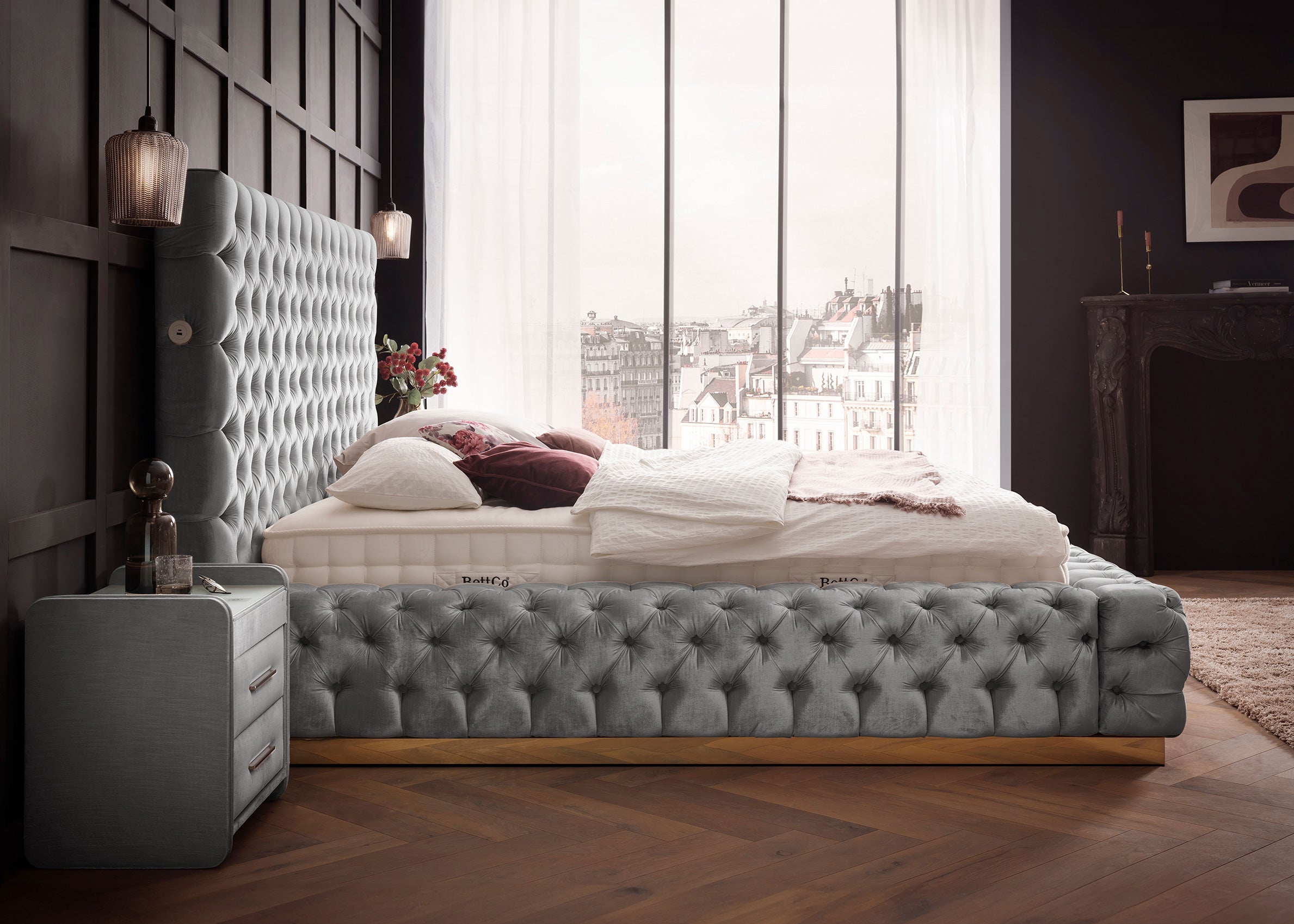 Velours Luxus Bett mit Bettkasten Grau PLAZA