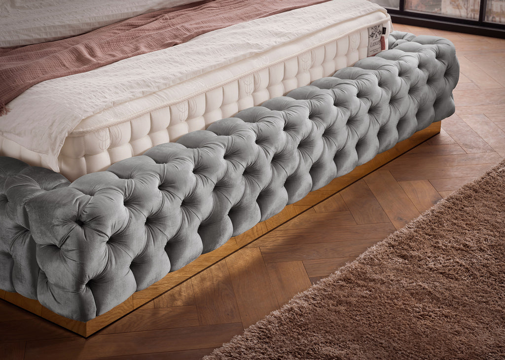 Velours Luxus Bett mit Bettkasten Grau PLAZA