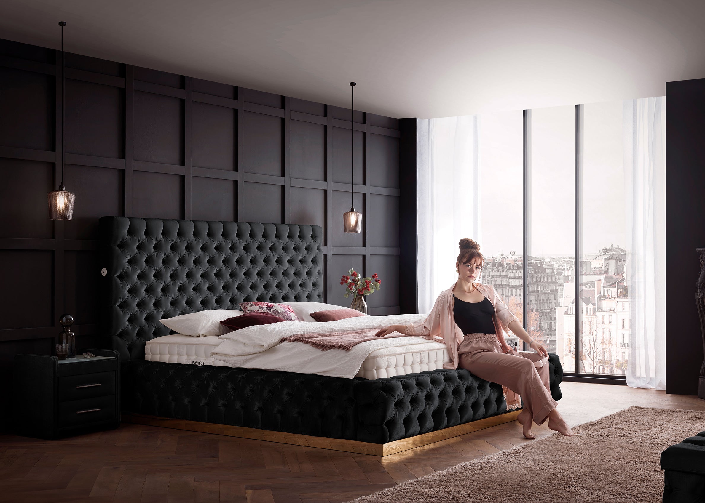 Velours Luxus Bett mit Bettkasten Schwarz PLAZA