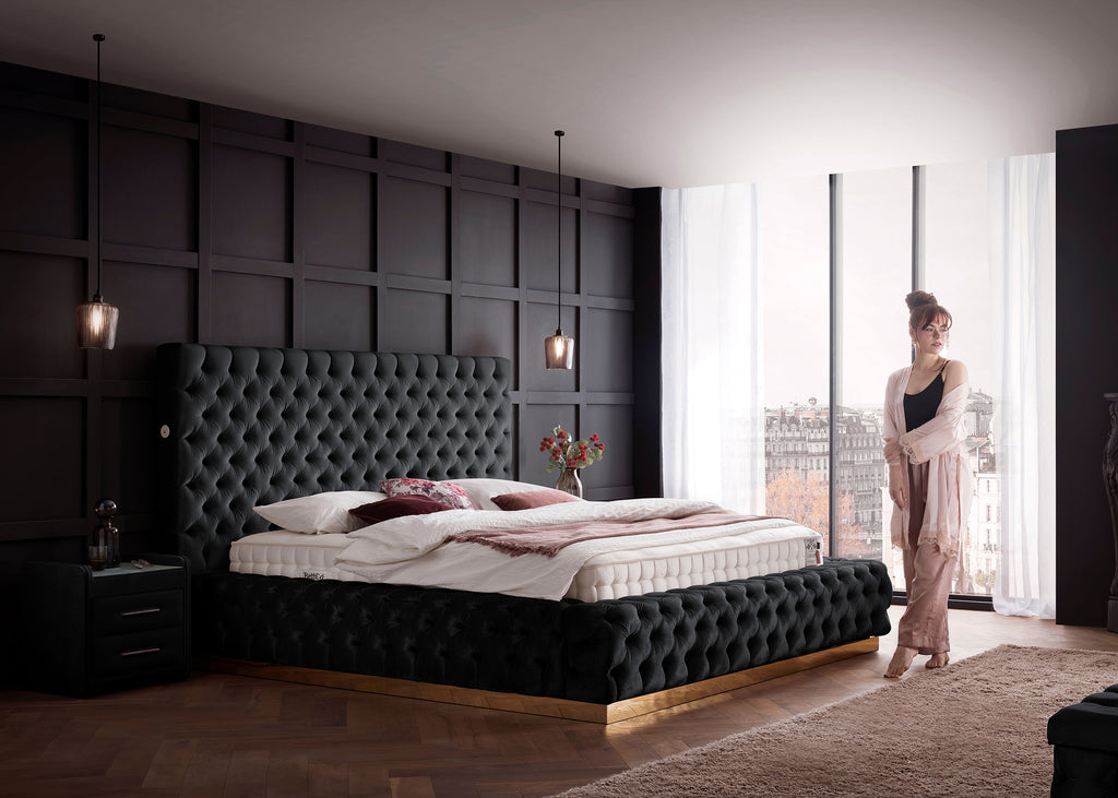 Velours Luxus Bett mit Bettkasten Schwarz PLAZA