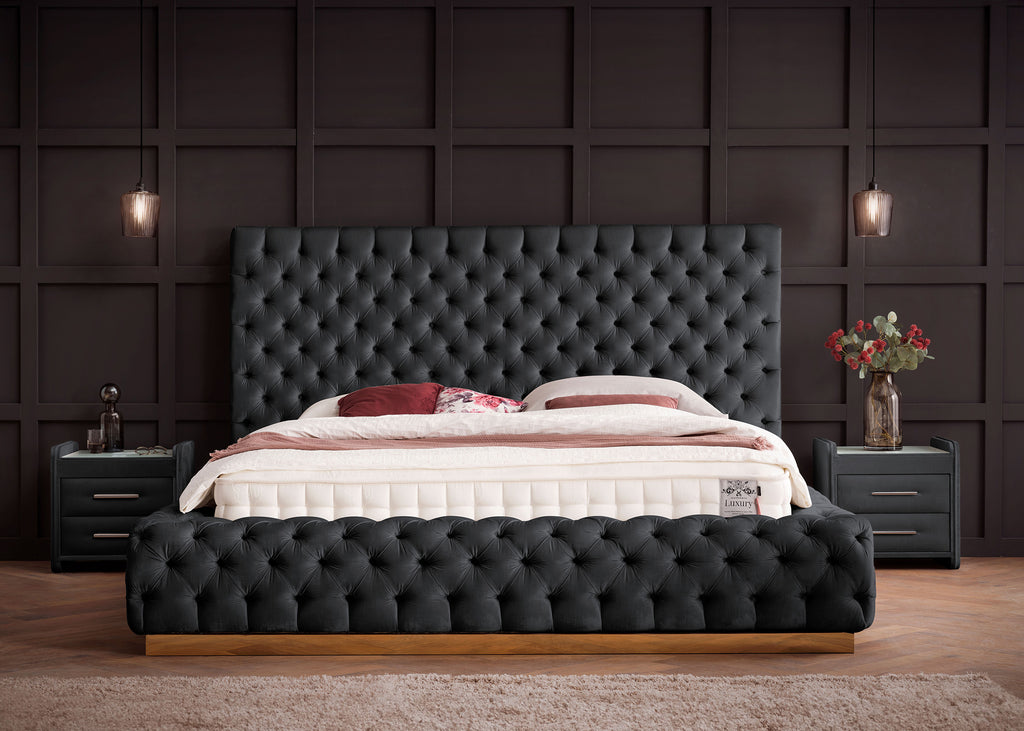 Velours Luxus Bett mit Bettkasten Schwarz PLAZA