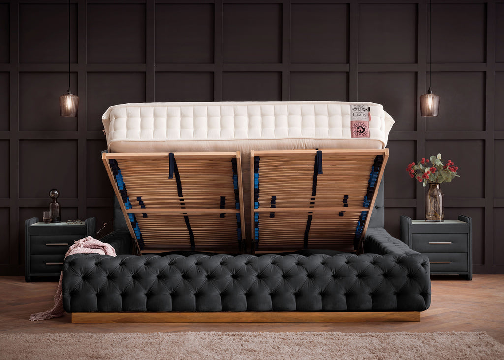 Velours Luxus Bett mit Bettkasten Schwarz PLAZA