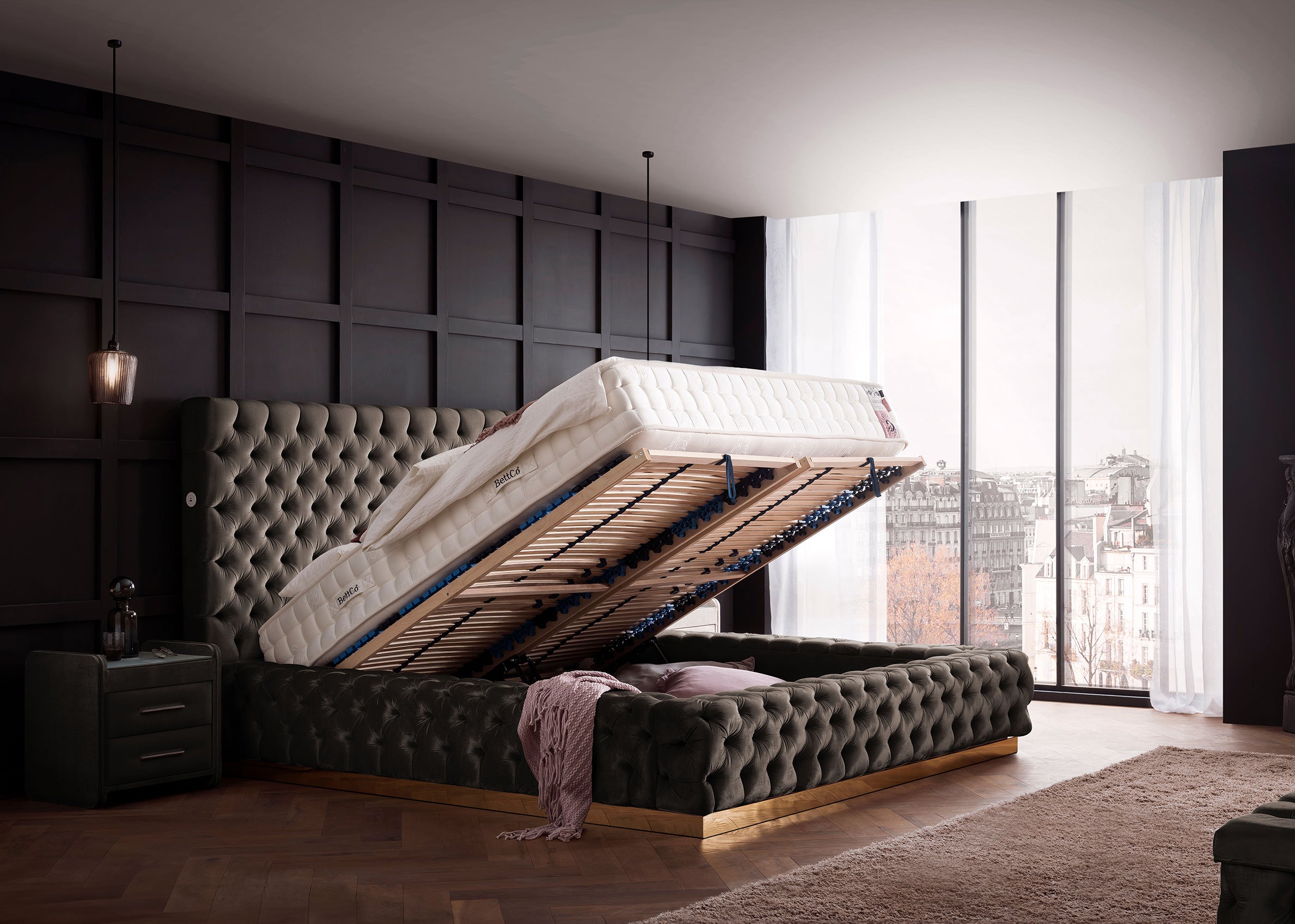 Velours Luxus Bett mit Bettkasten Taupe PLAZA