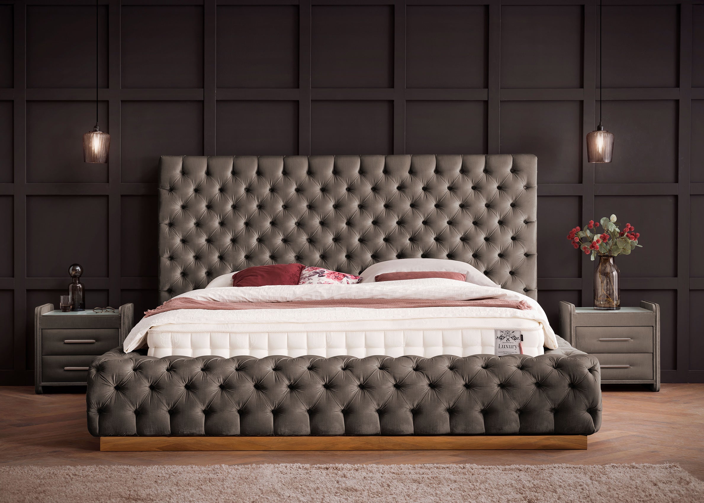 Velours Luxus Bett mit Bettkasten Taupe PLAZA