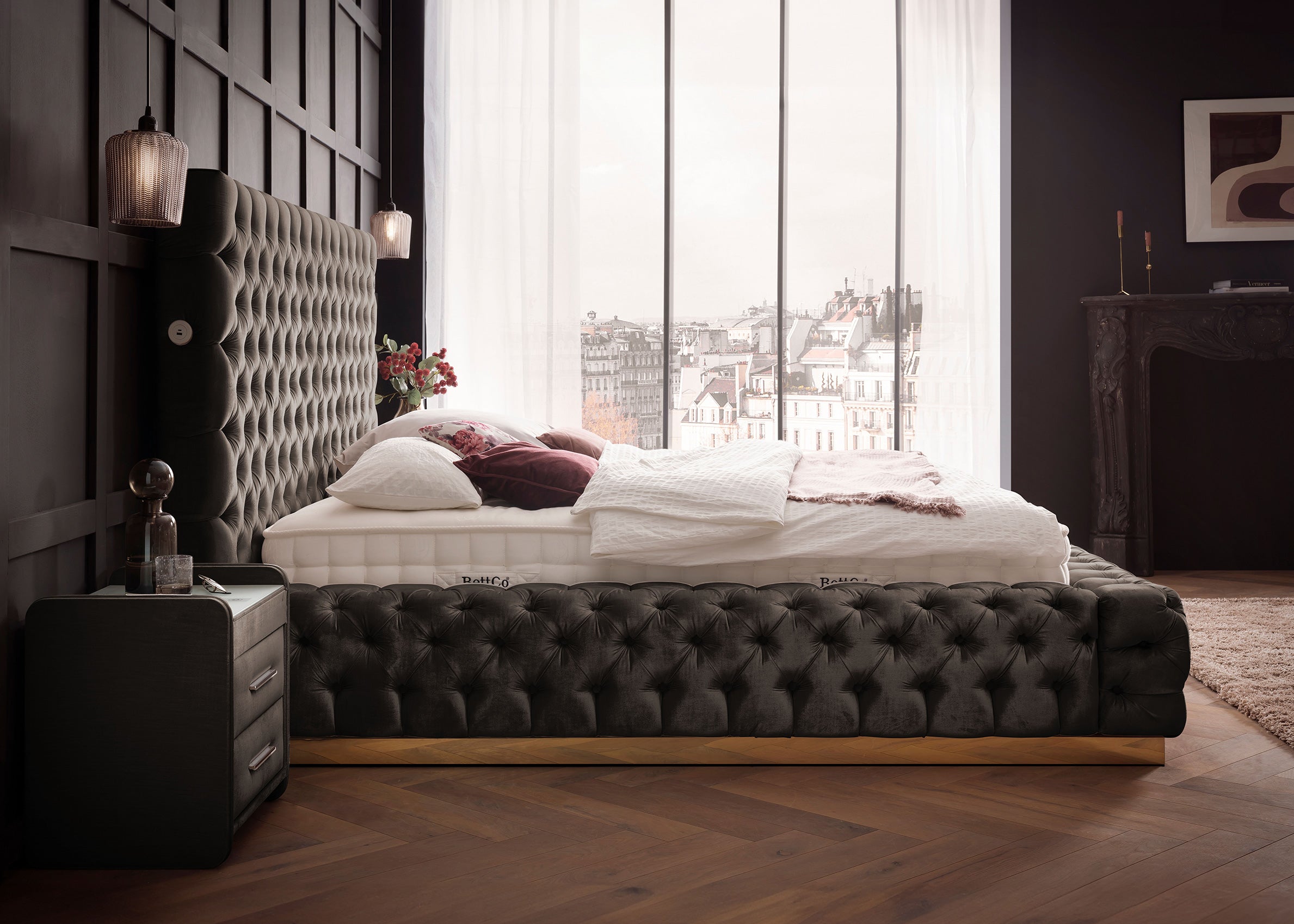 Velours Luxus Bett mit Bettkasten Taupe PLAZA