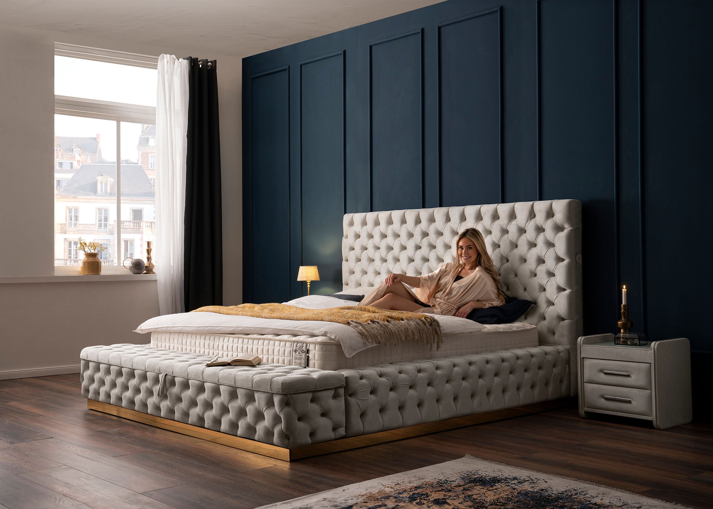 Velours Luxus Bett mit Bettkasten & Sitzbank mit Stauraum Creme PLAZA