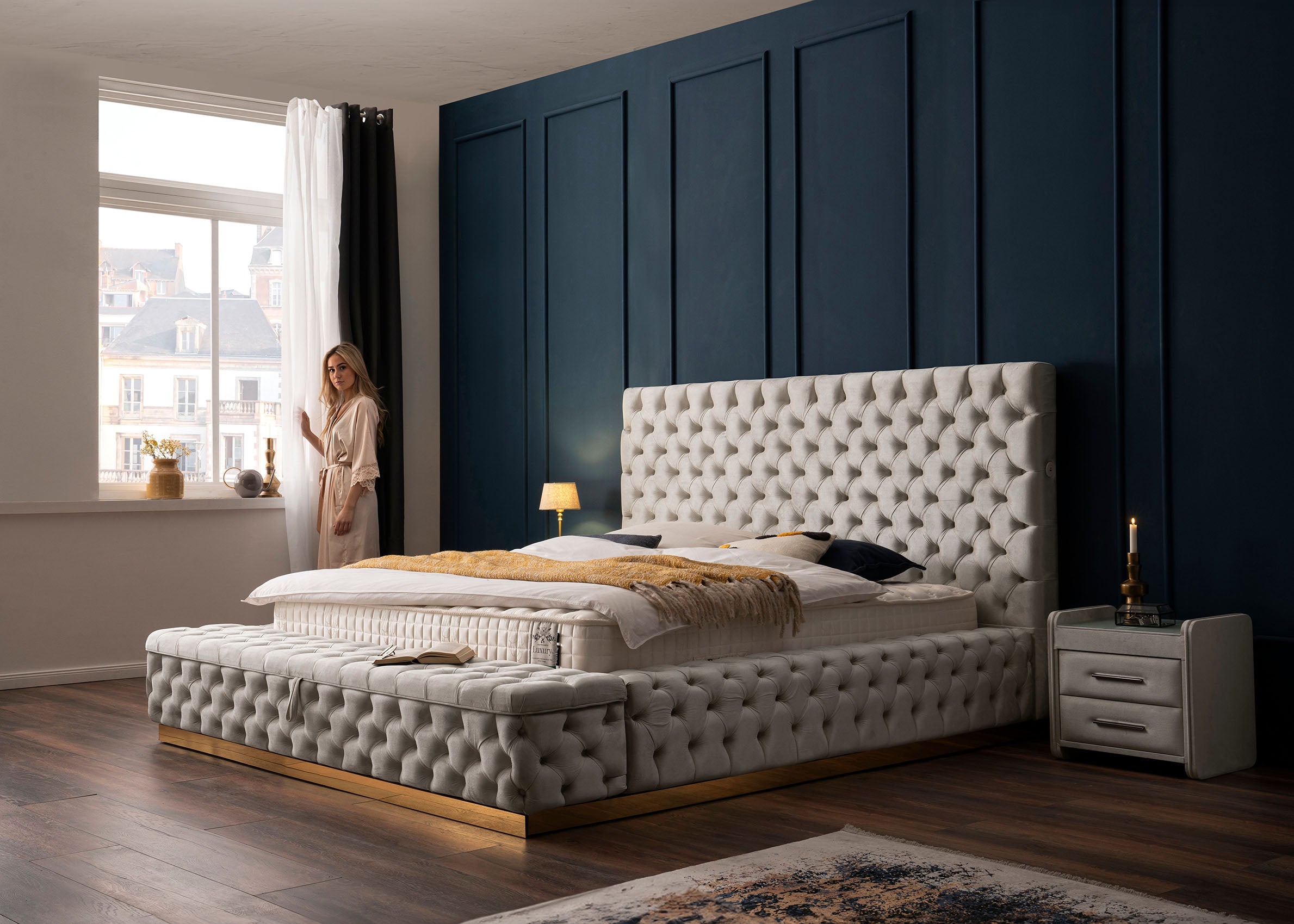 Velours Luxus Bett mit Bettkasten & Sitzbank mit Stauraum Creme PLAZA