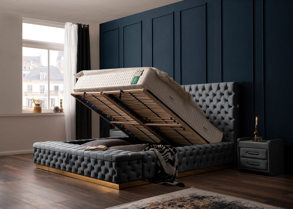 Velours Luxus Bett mit Bettkasten & Sitzbank mit Stauraum Dunkelgrau PLAZA