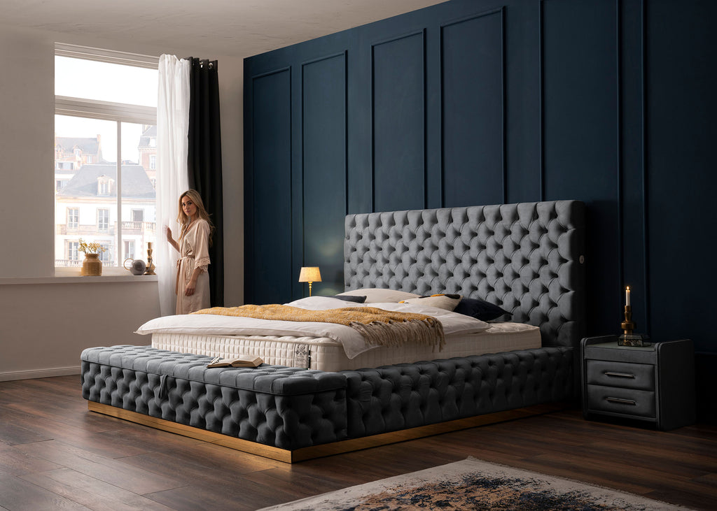 Velours Luxus Bett mit Bettkasten & Sitzbank mit Stauraum Dunkelgrau PLAZA