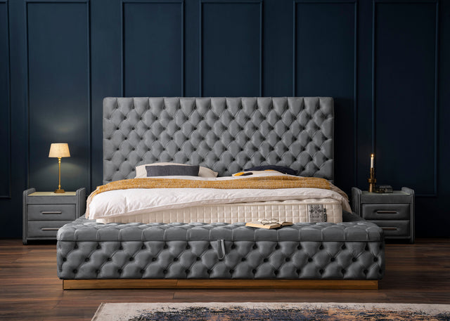 Velours Luxus Bett mit Bettkasten & Sitzbank mit Stauraum Dunkelgrau PLAZA
