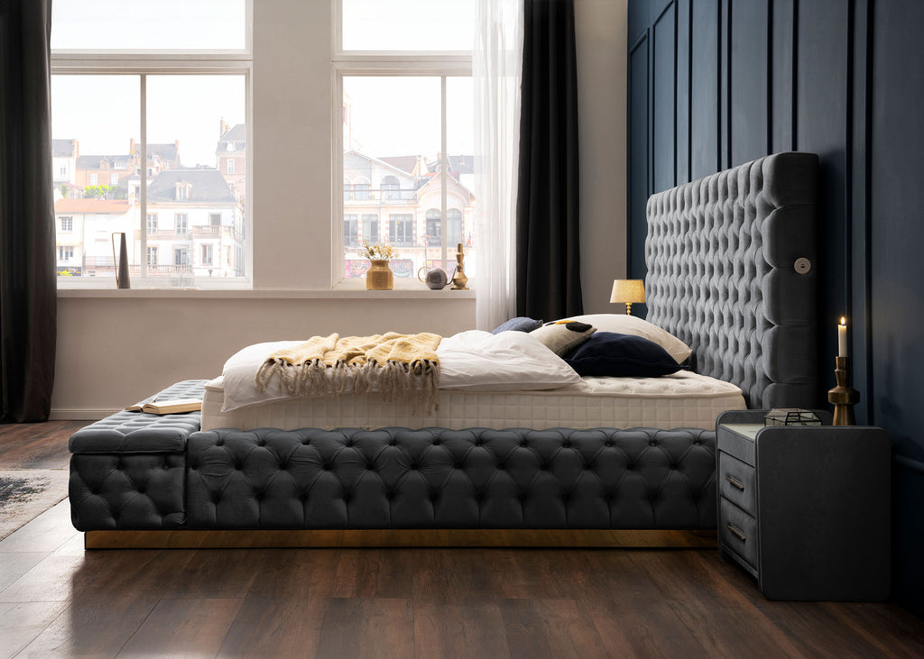 Velours Luxus Bett mit Bettkasten & Sitzbank mit Stauraum Dunkelgrau PLAZA
