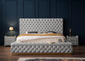 Velours Luxus Bett mit Bettkasten & Sitzbank mit Stauraum Grau PLAZA