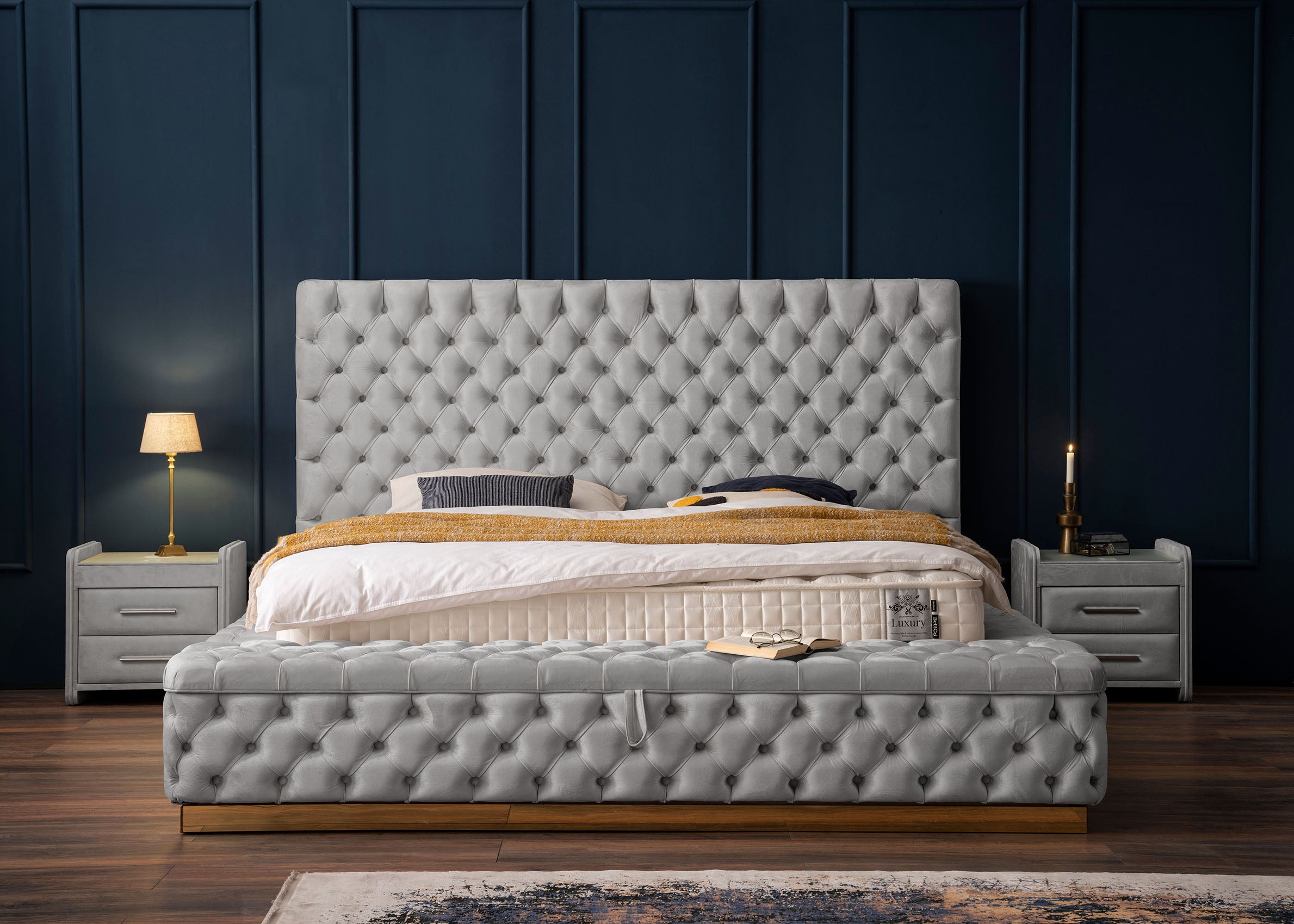 Velours Luxus Bett mit Bettkasten & Sitzbank mit Stauraum Grau PLAZA