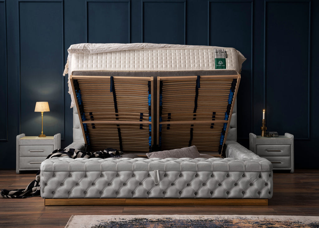 Velours Luxus Bett mit Bettkasten & Sitzbank mit Stauraum Grau PLAZA