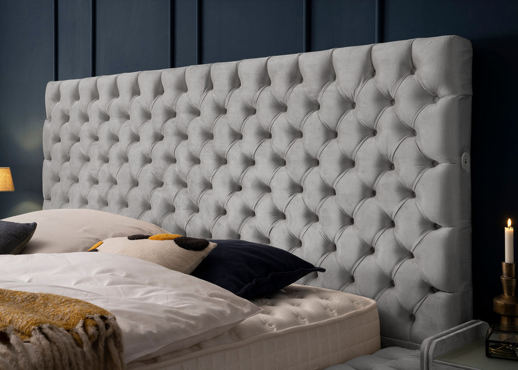 Velours Luxus Bett mit Bettkasten & Sitzbank mit Stauraum Grau PLAZA