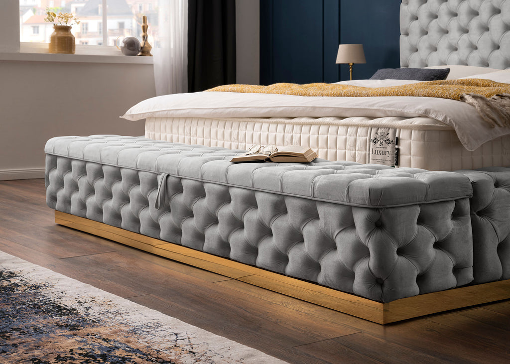 Velours Luxus Bett mit Bettkasten & Sitzbank mit Stauraum Grau PLAZA