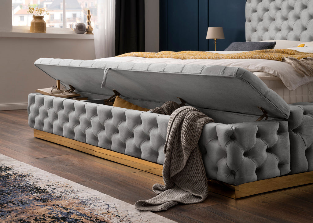 Velours Luxus Bett mit Bettkasten & Sitzbank mit Stauraum Grau PLAZA