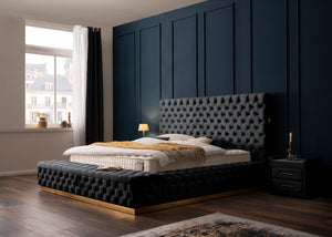 Velours Luxus Bett mit Bettkasten & Sitzbank mit Stauraum Schwarz PLAZA