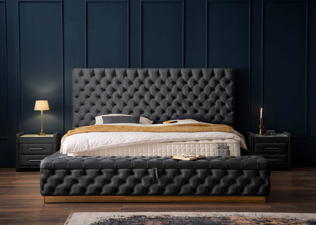 Velours Luxus Bett mit Bettkasten & Sitzbank mit Stauraum Schwarz PLAZA