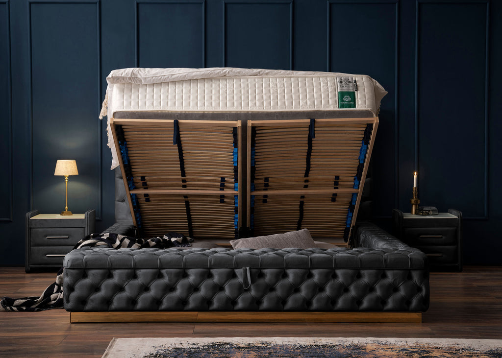 Velours Luxus Bett mit Bettkasten & Sitzbank mit Stauraum Schwarz PLAZA