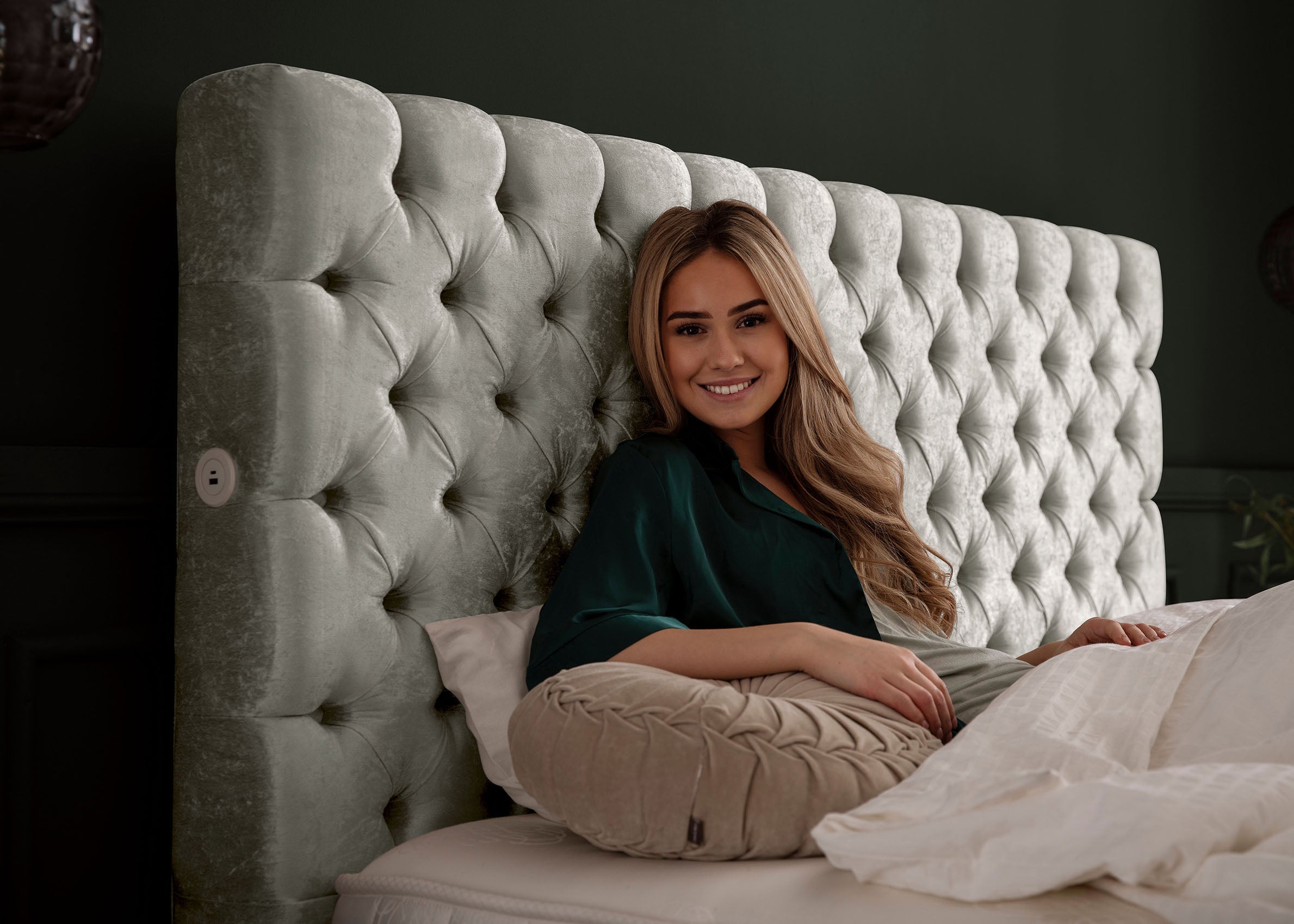 Crushed Velvet Luxus Boxspringbett Grau-Silber PLAZA