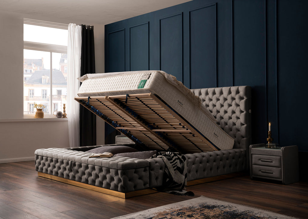 Velours Luxus Bett mit Bettkasten & Sitzbank mit Stauraum Taupe PLAZA