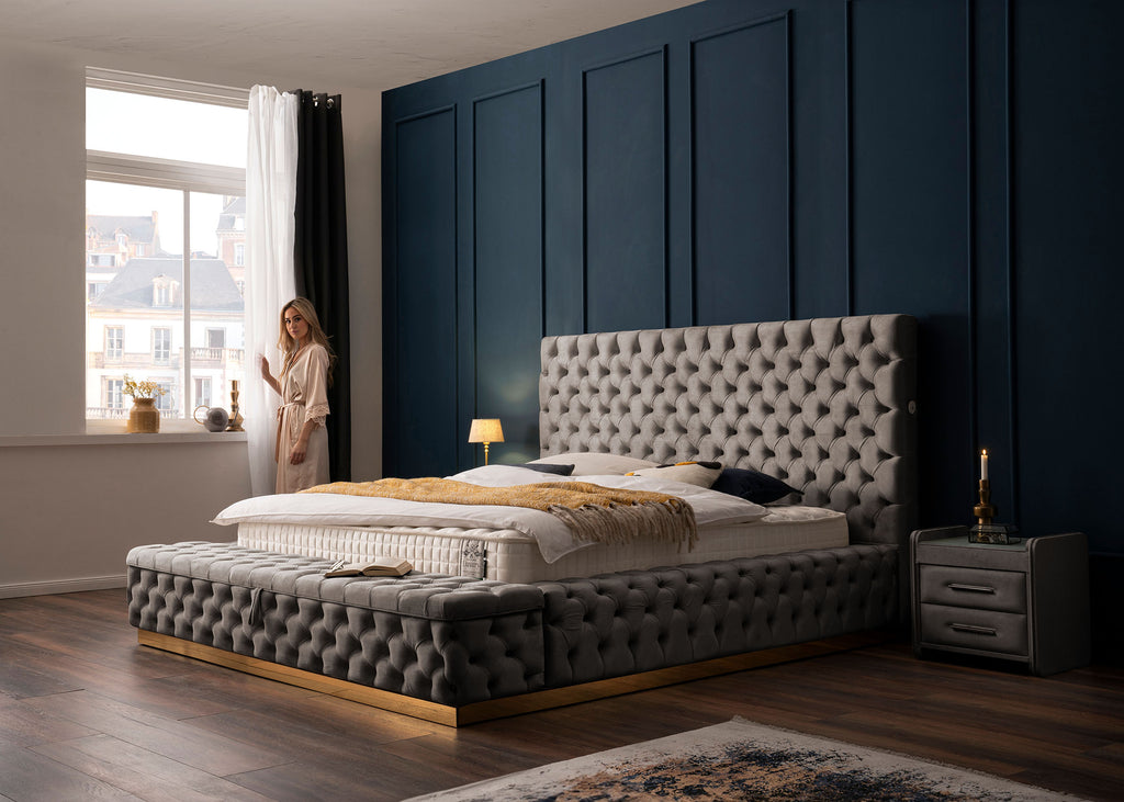 Velours Luxus Bett mit Bettkasten & Sitzbank mit Stauraum Taupe PLAZA