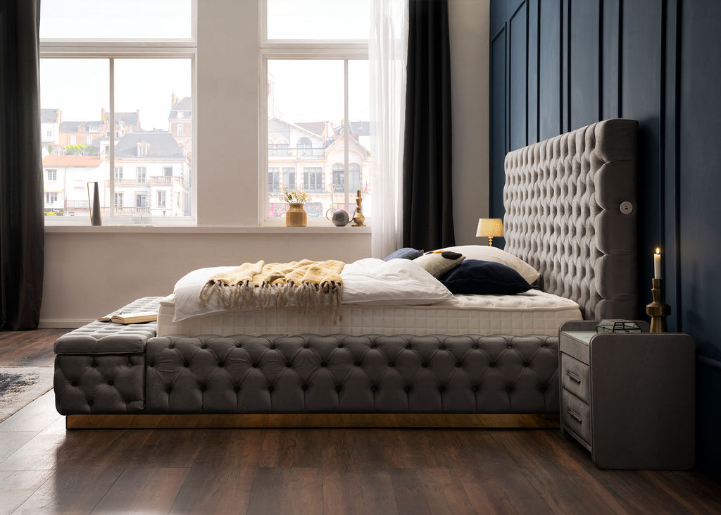 Velours Luxus Bett mit Bettkasten & Sitzbank mit Stauraum Taupe PLAZA