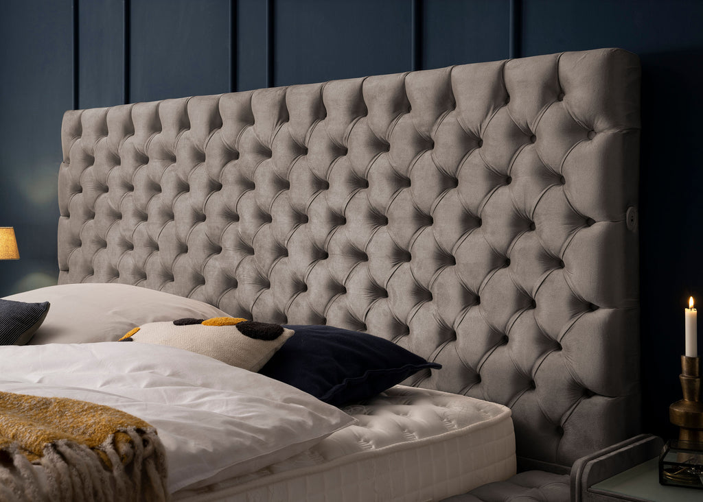 Velours Luxus Bett mit Bettkasten & Sitzbank mit Stauraum Taupe PLAZA