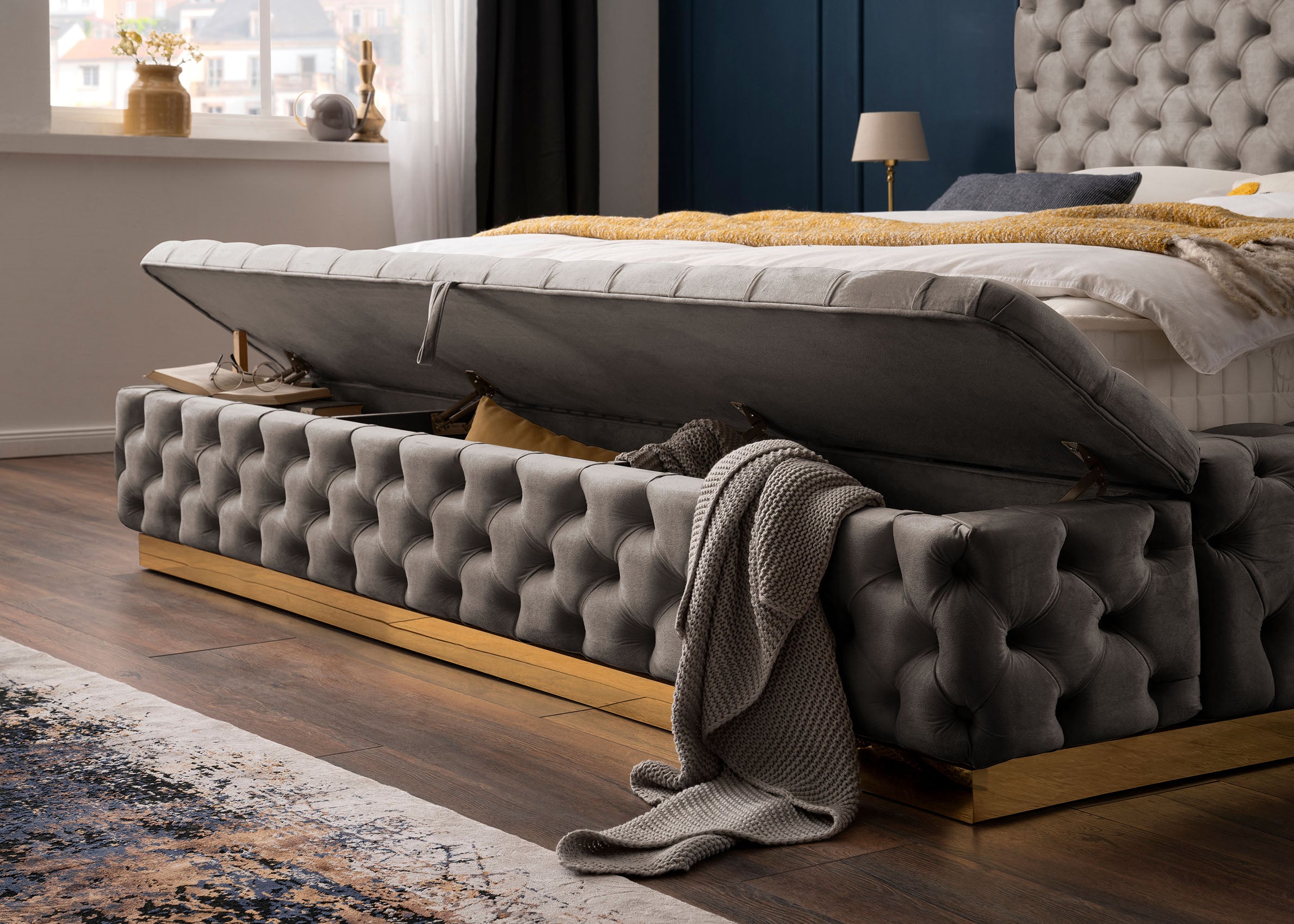 Velours Luxus Bett mit Bettkasten & Sitzbank mit Stauraum Taupe PLAZA