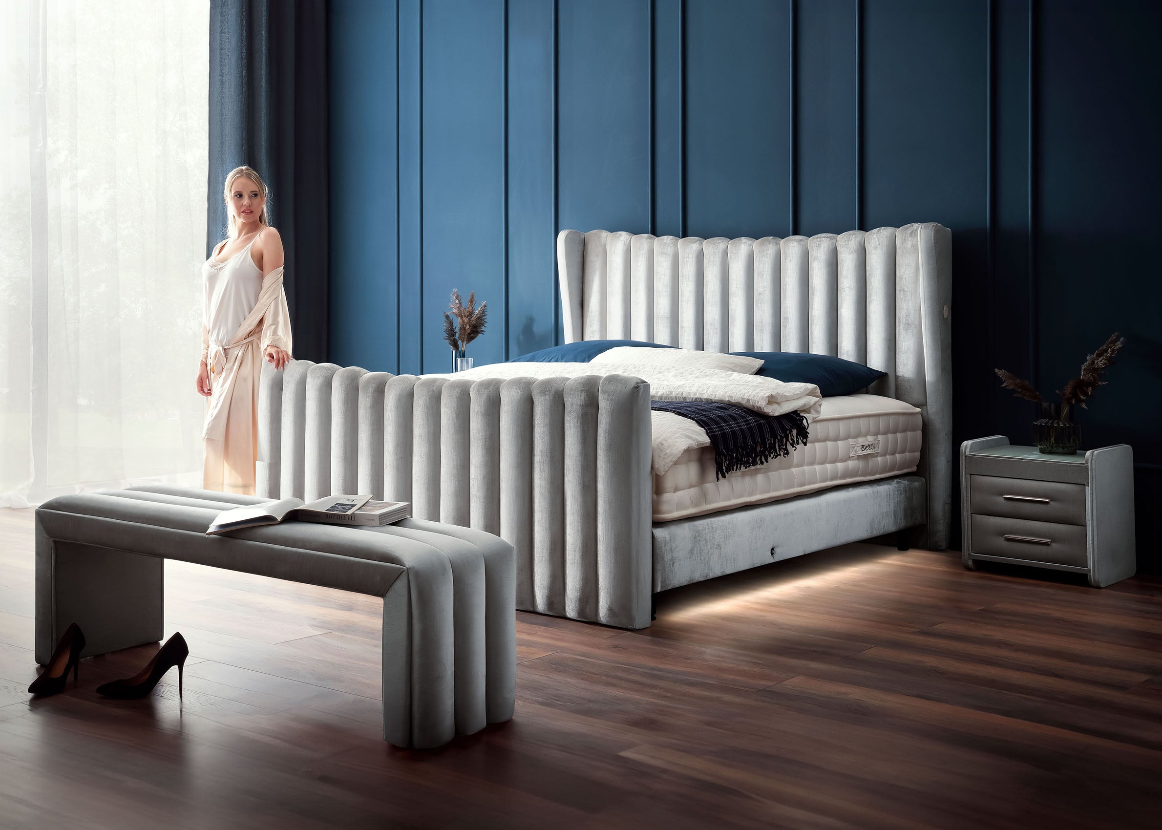 Crushed Velvet Luxus Boxspringbett Grau-Silber SAILOR