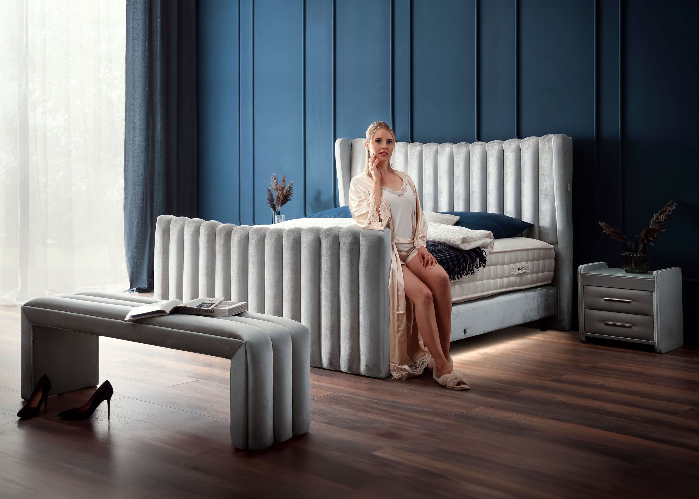 Crushed Velvet Luxus Boxspringbett Grau-Silber SAILOR