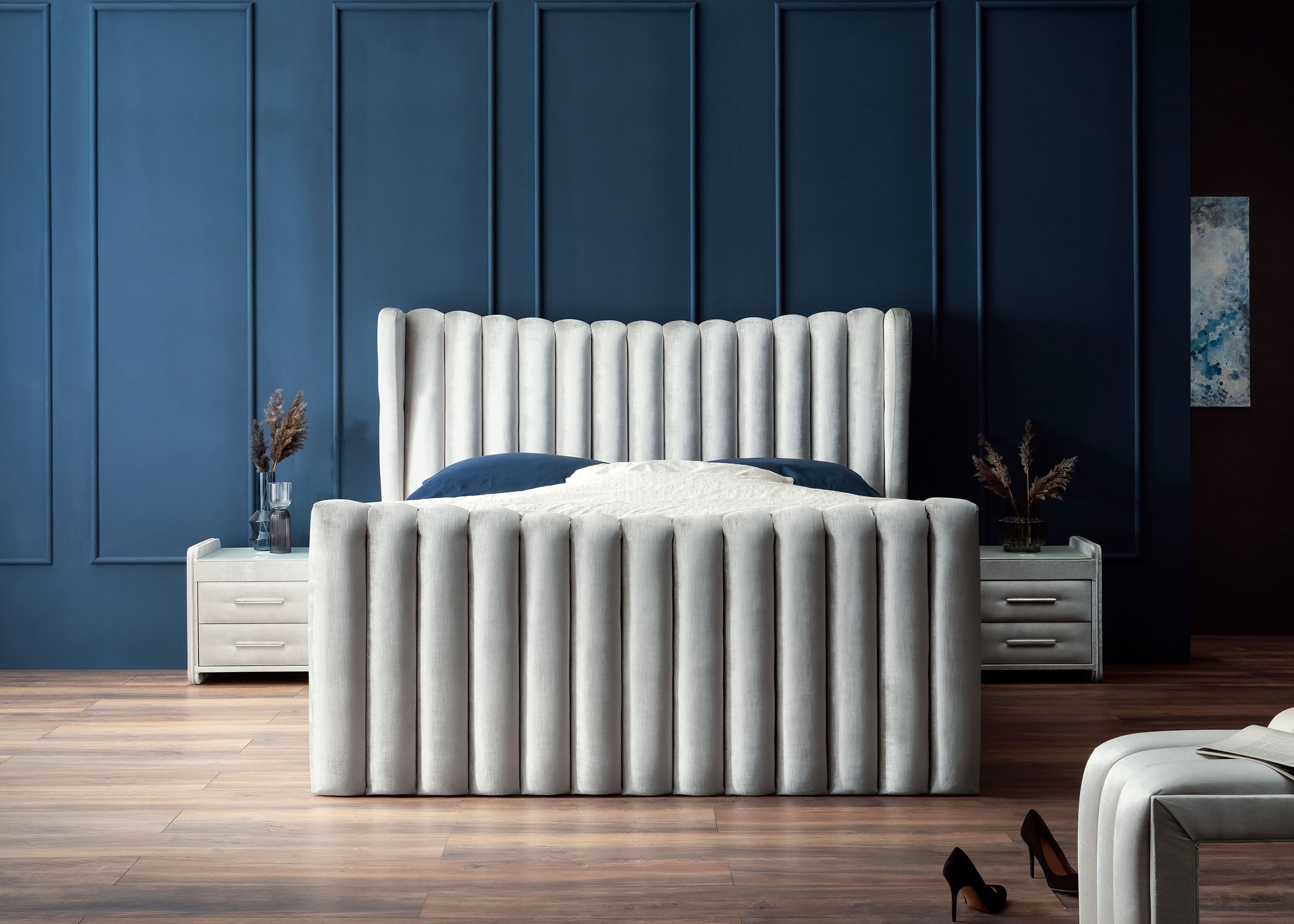 Crushed Velvet Luxus Boxspringbett Grau-Silber SAILOR