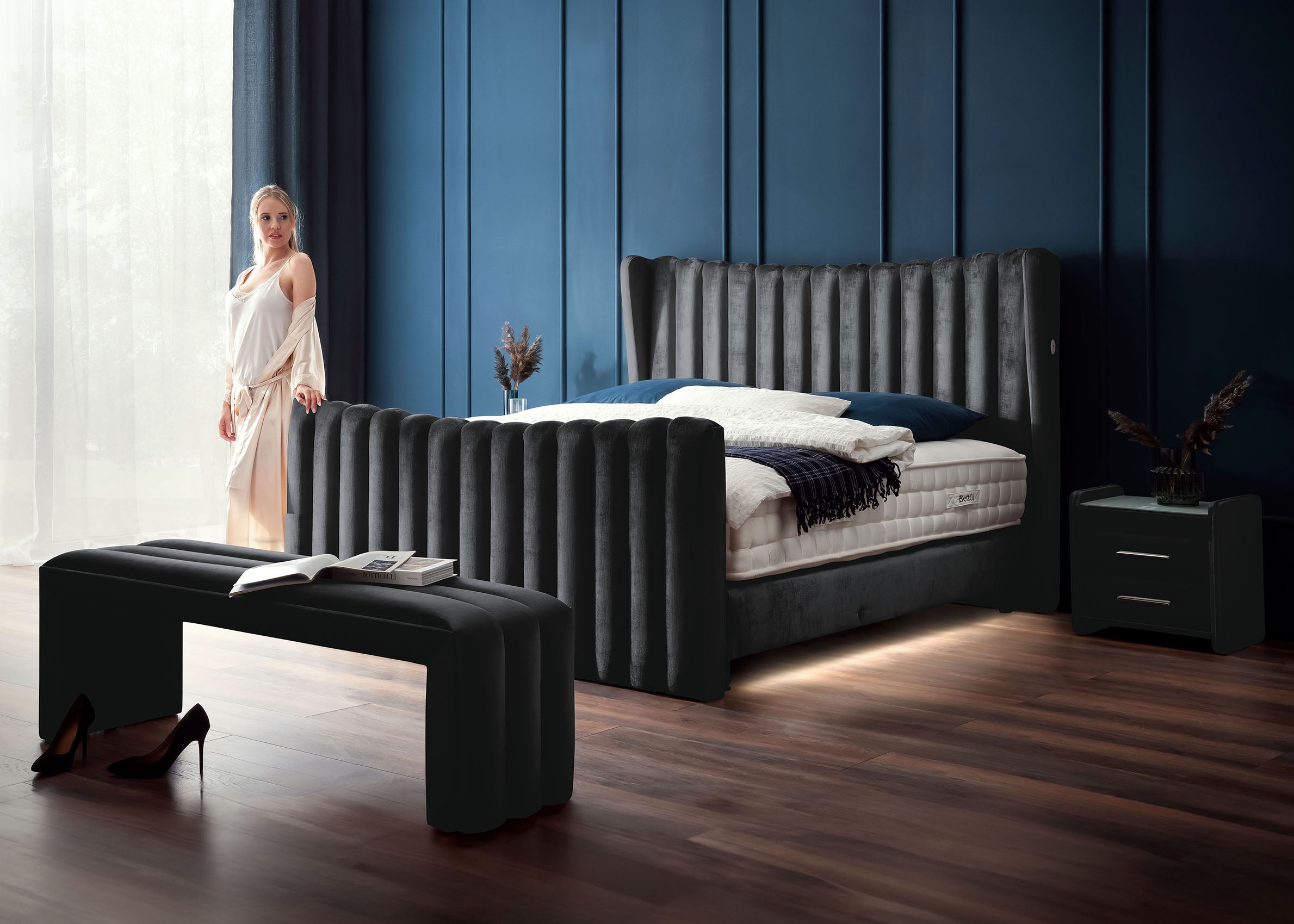 Crushed Velvet Luxus Boxspringbett Schwarz SAILOR