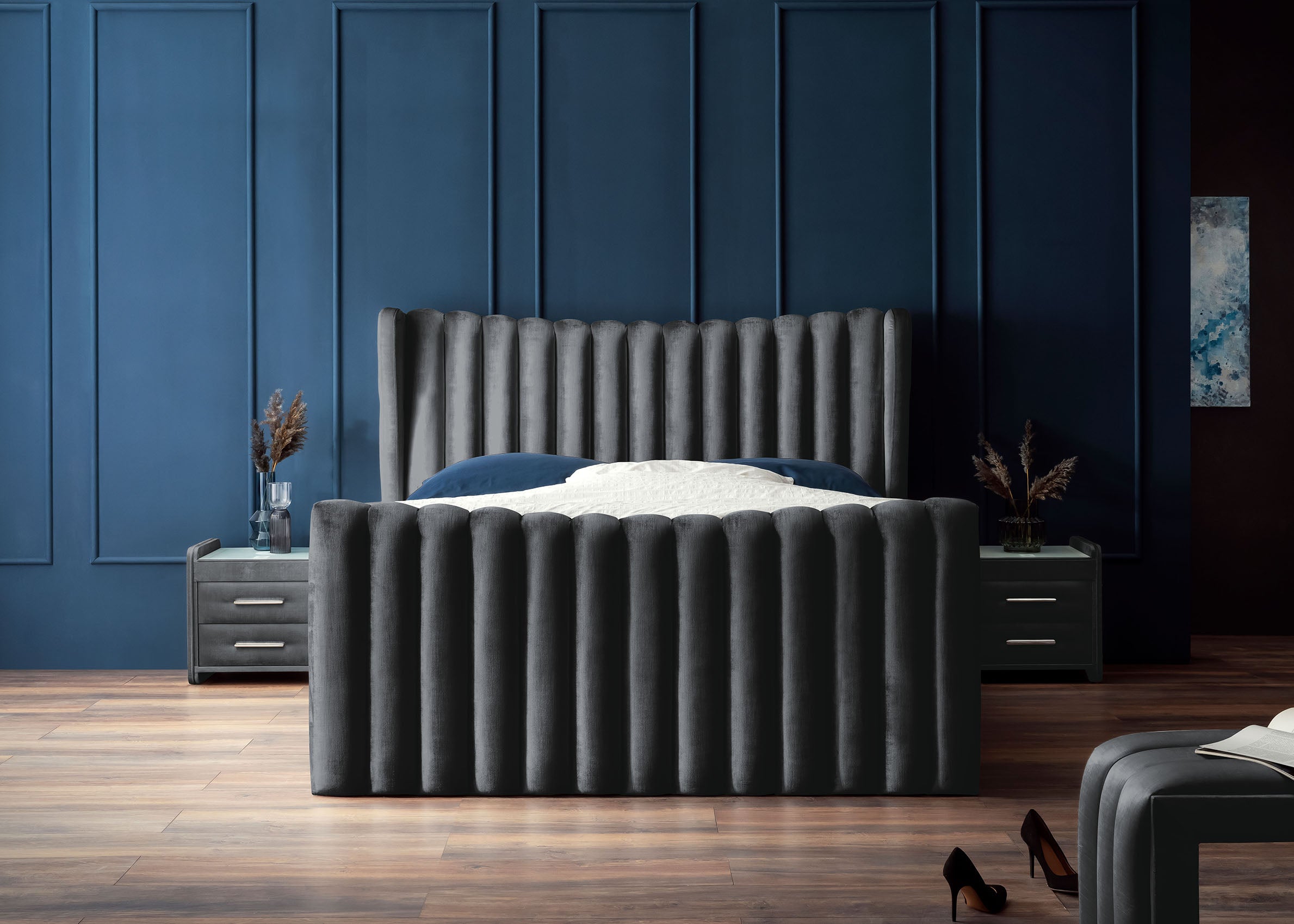Crushed Velvet Luxus Boxspringbett Schwarz SAILOR
