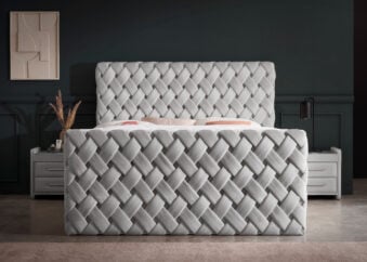 Luxus Boxspringbett mit Bettkasten Crowne in Grau Picasso Velourstoff