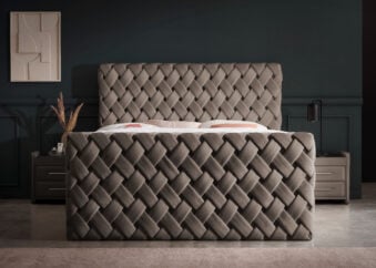 Luxus Boxspringbett mit Bettkasten Crowne in Taupe Picasso Velourstoff