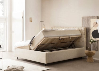 Bett mit Bettkasten Barcelo in Teddystoff Creme